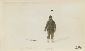 Image of Jot Small bringing in a white fox on a snowshoe